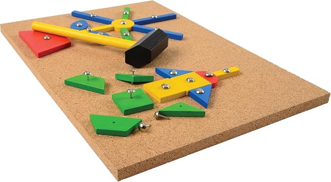 Hammer & Nail Design Kit – Montessori STEM Engineering & Geometry Building Set with 60 Wooden Tiles, Tacks, Hammer & Reusable Cork Board