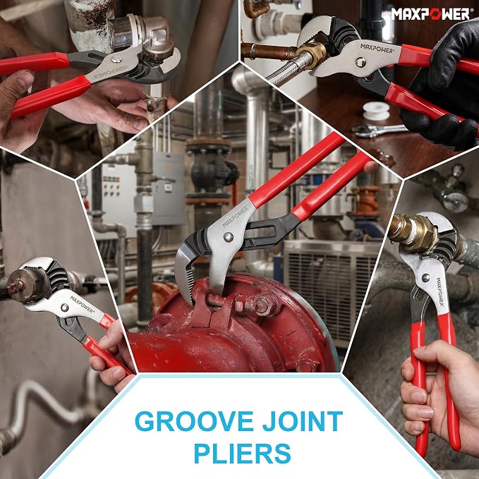 MAXPOWER 8 12 16-inch Groove Joint Pliers, Quick Adjustment Pliers Set | Jaw Capacity 1.06" 2.36" 3.34", Rubber Handle, Forged Alloy Steel