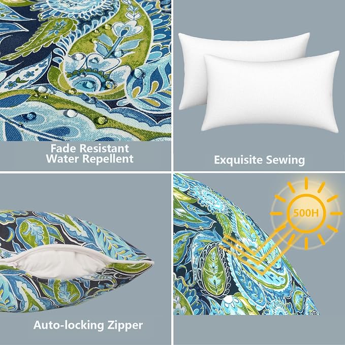 LVTXIII 2 Pack Outdoor Lumbar Pillows 12x20 Inch with White Piping, Fade Resistant Support Throw Pillows with Inserts for Patio Furniture, Sofa, Chair, Paisley Lapis Green