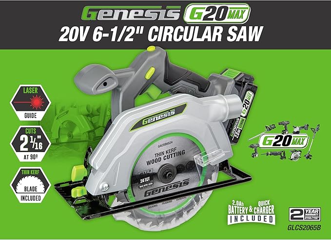 Genesis G20MAX 20V Circular Saw Cordless 6-1/2 inch with Laser & LED Light, Includes 24TCT thin-kerf blade, 2.0Ah Battery and Charger(GLCS2065B)