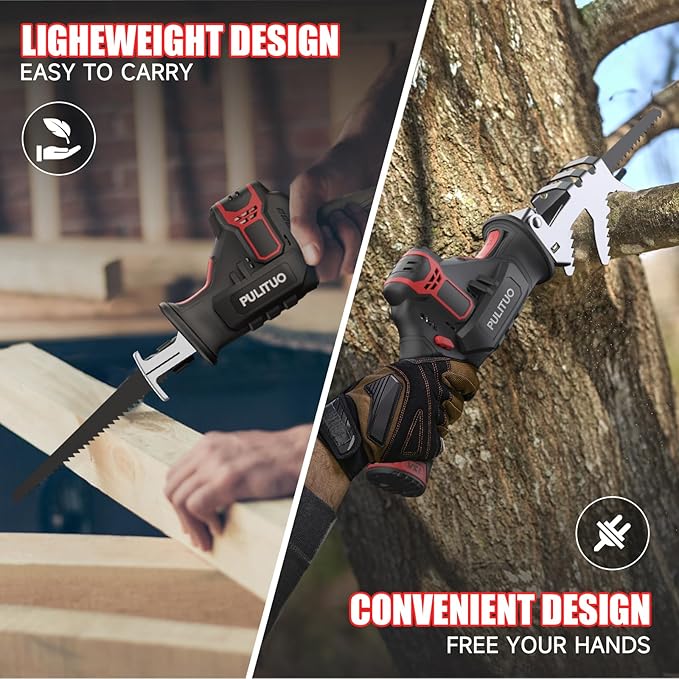 PULITUO Cordless Reciprocating Saw, Speed 3000SPM，with Clamping Jaw, 2000 mAh Battery/ 1-Hour Fast Charge,Safety Gloves& Goggles, 4Pcs of Saw Blades for Wood/Metal/PVC