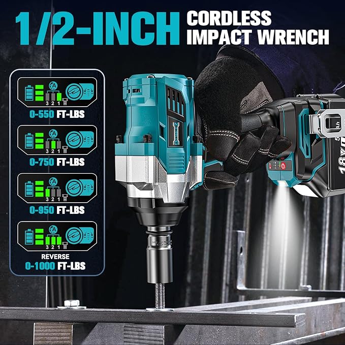 DIYtoolifz Cordless Impact Wrench 1/2" Compatible with Makita 18V Battery, 1000Ft-lbs (1360N.m) Brushless High Torque Impact Gun, Impact Driver for Car Truck Mower, with 2x5.0AH Battery & 6 Sockets