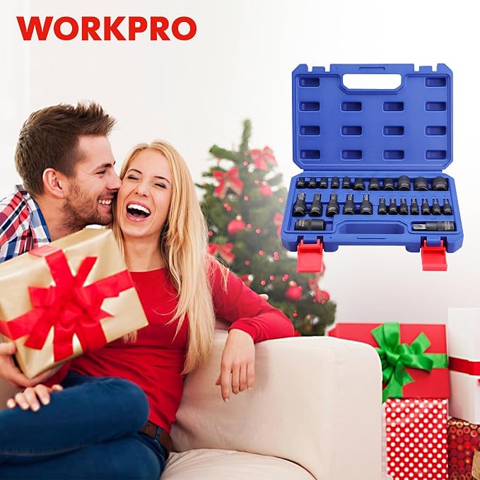 WORKPRO Torx Bit Set, 25-Piece E4-E22, T8-T60, External Torx Socket Set | 1/4", 3/8", 1/2" Drive Bits, E4-E22 e Socket Set, T8-T60 Torx Socket Set, S2 Steel Bits, CR-V Sockets, Storage Case