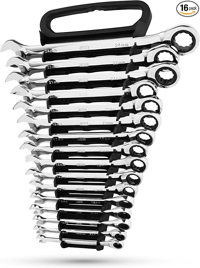 Jaeger 16pc MM/Metric TIGHTSPOT 90-Tooth Ratcheting Combination Wrench Set With Lock-In Rack - Metric SET With Ratchet Speed Wrenches And A Lock-In Rack Case
