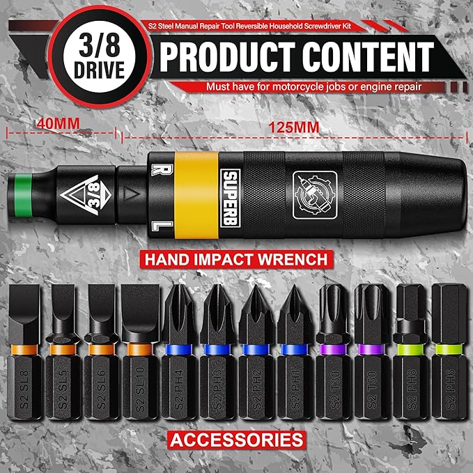 3/8" Hand Impact Screwdriver Set, 13 PCS Manual Reversible Impact Driver Kit, S2 Steel Bits Repair Tool, Disengage Rusted Fasteners or Frozen Bolts