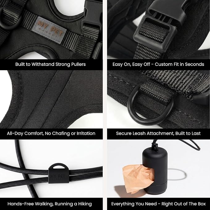 No Pull Dog Harness and Leash Set 3-in-1 Adjustable Anti Pull Dog Harness with Hands-Free Matching Leash,Poop Bag Holder,Easy Walk Dog Harness Small Sized Dog(Black)