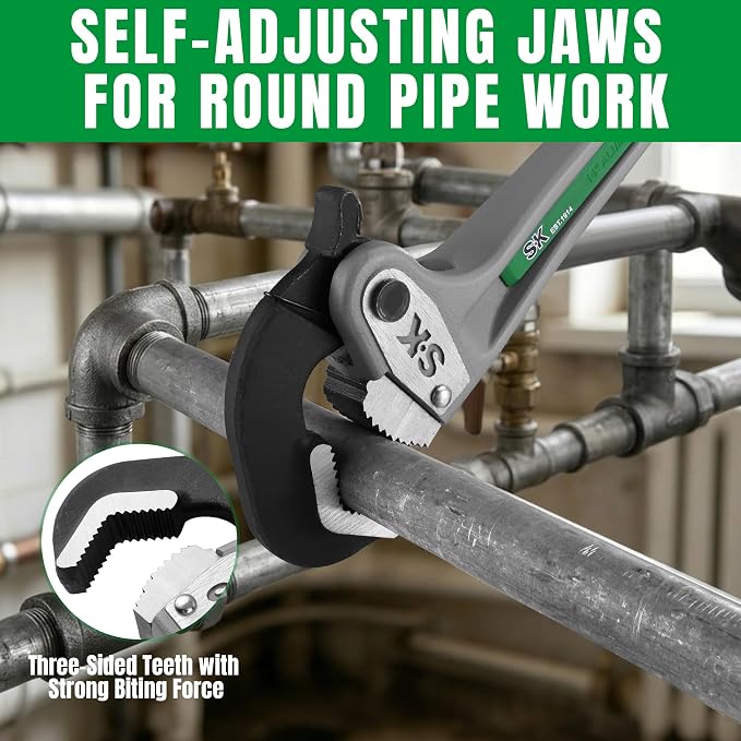 SK 14'' Self-Adjusting Pipe Wrench, Aluminum Plumbers Wrench | Plumbing Wrench, 1.97'' Large Jaw Opening for 1/2''-1-1/2'' Round Pipe, Three-Sided Serrated Teeth, CR-V Steel Head
