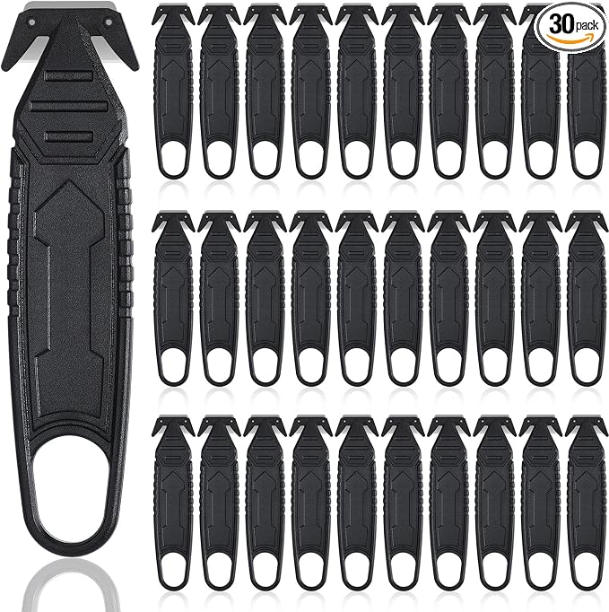 Therwen 30 Pcs Safety Box Cutter Knife of Stainless Steel Concealed Blade Package Opener with Tape Splitter for Carton Cardboard Wrap Letter Work Bag Straps Film Utility Tool (Black)