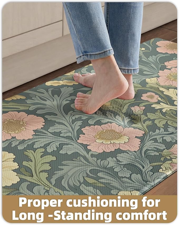 Color&Geometry Floral Kitchen Mat 24"x87", Anti Fatigue Kitchen Mats for Floor, Kitchen Rugs Non Slip, Waterproof & Oil Proof Padded Runner for Standing Desk Office, Sink - Sage Green