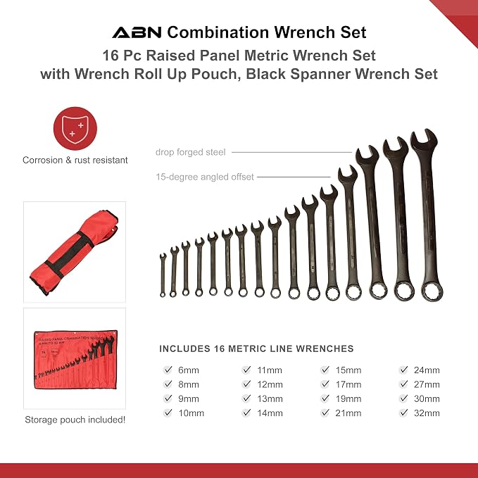 ABN Combination Wrenches Set Metric and Standard - 32 Piece SAE and Metric Wrench Set with Roll Up Pouch