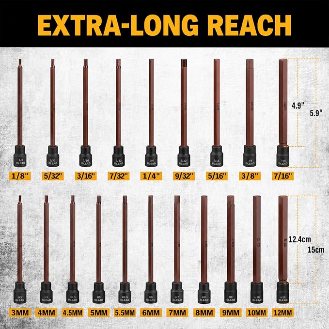Extra-Long Allen Hex Bit Socket Set: 20-Piece 3/8 Inch Drive, 150mm S2 Steel, Standard SAE & Metric (1/8-Inch - 7/16-Inch, 3-12mm) for Impact Drills and Ratchet Wrenches