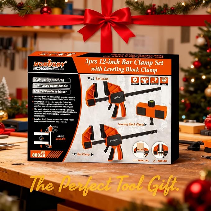 HORUDSY 3-Pack 12-Inch Bar Clamps Set with Leveling Block Clamps, Heavy Duty 350LBS Load, One-Handed Quick Grip Woodworking Clamps, Expandable Spreader with Connector