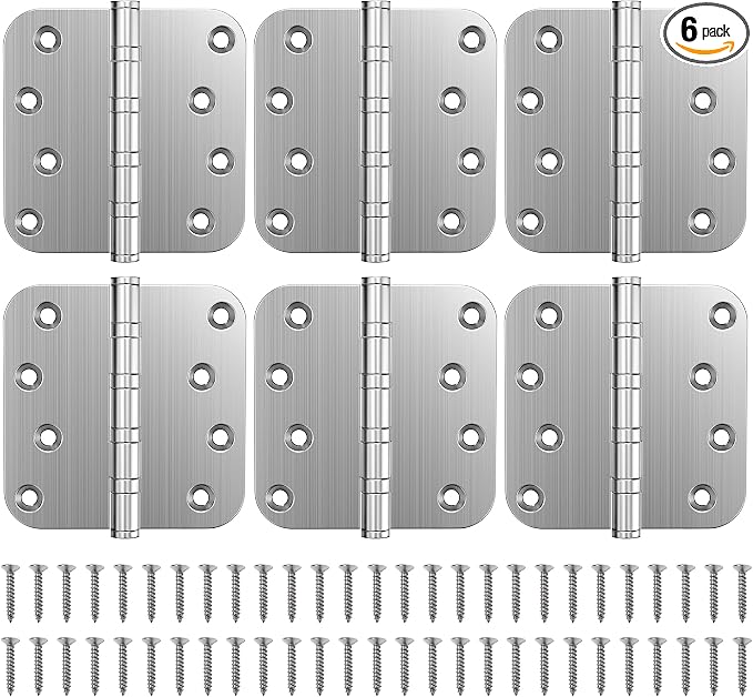 KOLET Ball Bearing Door Hinges, 4 x 4 Inches Door Hinges, 5/8'' Radius Corner Hinges, Heavy Duty Stainless Steel, Smooth and Quiet, Non Removable Pin, Brushed Nickel, 6 Pack