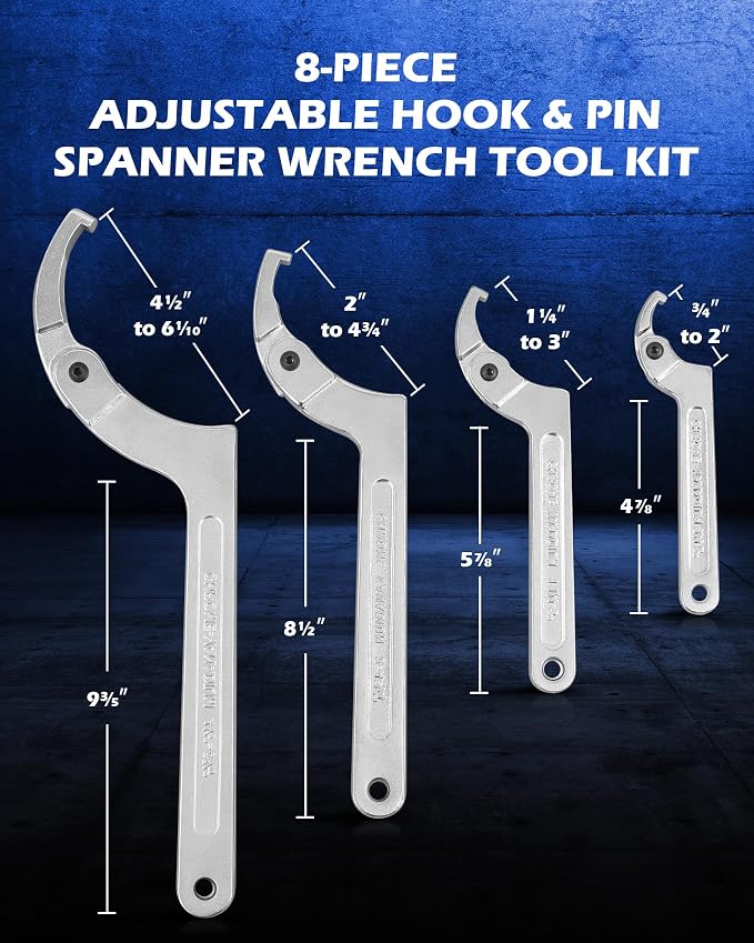 OMT 8Pc Adjustable Pin Spanner Wrench Set, 3/4-6.1in Suspension Tool | 1045 Carbon Steel Handle; Heavy-Duty Cr-V Hooks; 4 Interchangeable Adapters; Anti-Rust Chrome Finish; Custom Organizer Tray