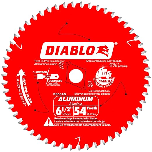 Diablo Medium Metal Cutting Circular Saw Blade - 6-1/2" Dia, 54 TCG Teeth | Ideal for Clean Cuts in Aluminum, Soft Metals, and Non-Ferrous Materials - D0654NA