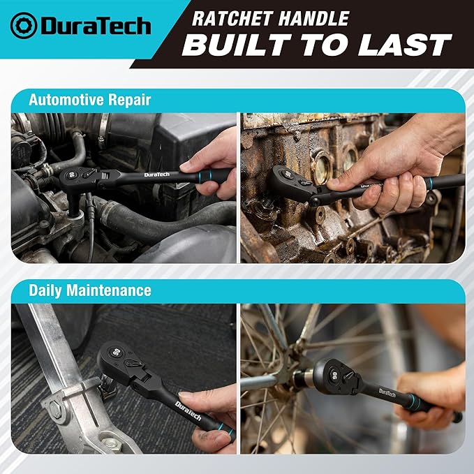 DURATECH 3-Piece Flex-Head Ratchet, 90-Tooth Quick-Release Ratchet Wrench | 1/4", 3/8", 1/2" Socket Wrench with 180° Pivoting Head & 7-Position Setting, Reversible, CR-V Made, Black Mn Phosphate Finish