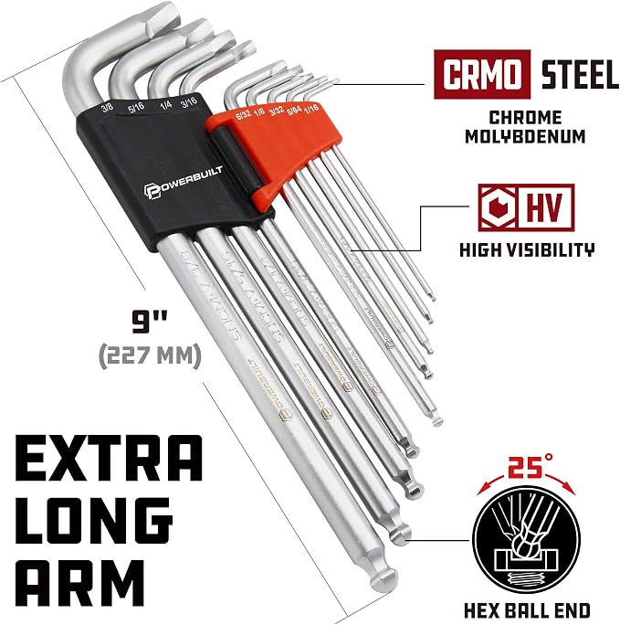Powerbuilt 9 Piece SAE Hex Key Wrench Set for Damaged Fasteners, Standard, Grip Rusted, Rounded Bolts, Long End - Zeon Series 240096