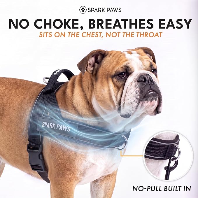 Spark Paws No Pull Front Clip Dog Harness - Easy On, Padded and Lightweight | Two Clips, On in Seconds, Chest Bearing, Australian Style, No Throat Pressure, for Small Medium and Large Breeds