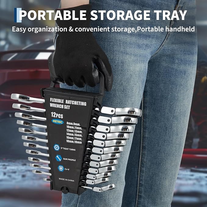 Garvee 12 Piece Metric Ratcheting Wrench Set Combination Ratcheting Wrench | 72-Tooth 5° Swing Arc CR-V Steel, Metric 8-19 mm Complete Coverage for Automotive Repair, Mechanical Maintenance DIY Project