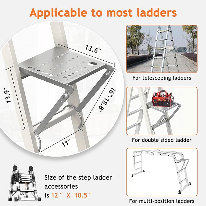 Ladder Platform Attachment, Ladder Accessories,Anti-Slip Extension Ladder Step, Heavy Duty Ladder Work Stand Ladder Paint Tray Holder 400 Pound (Silver Gray)