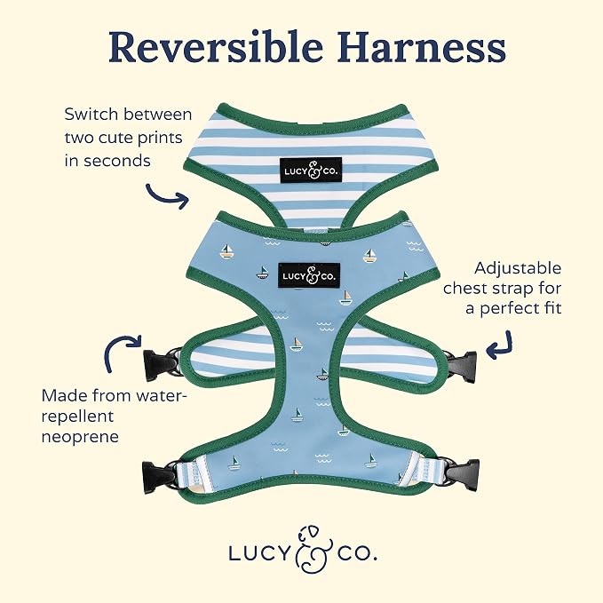 Lucy & Co. Reversible Dog Harness - Water-Repellent Neoprene, Dual-Print Design, Easy Swap Style, Adjustable Comfort Fit - Set Sail Reversible Harness - X-Large