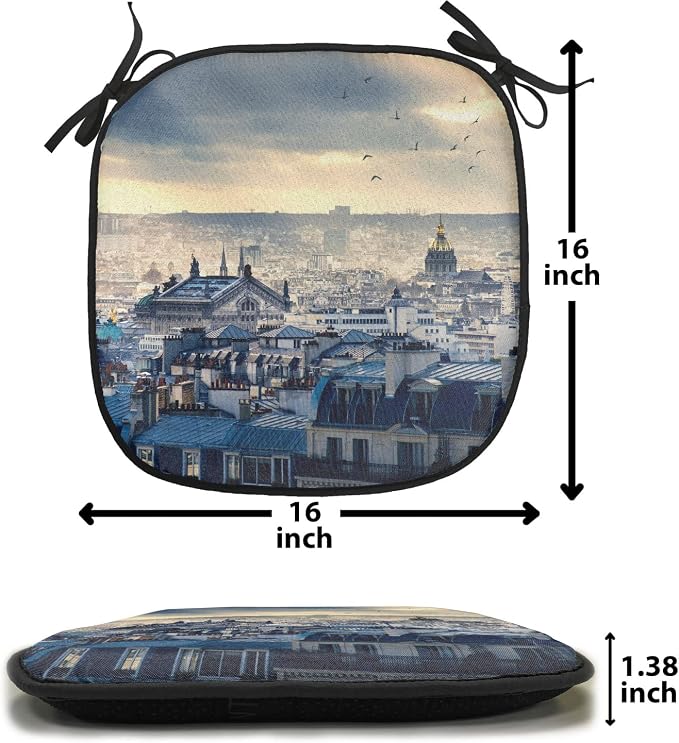 Lunarable Paris Chair Cushion Pad, Paris Cityscape from Montmartre Rooftops Flying Bird Pigeons Foggy Sunrise, Seat Padding for Kitchen & Patio with Anti-Slip Backing, 16"x16", Dark Blue Yellow