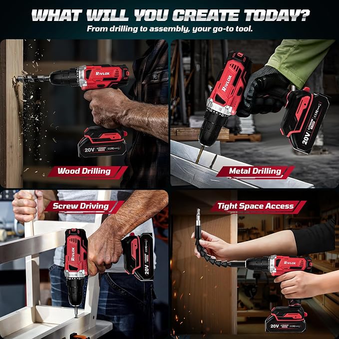 20V Cordless Drill Set,Electric Power Drill Cordless,Power Drill Drivers,Electric Screwdriver - 2.0Ah Batteries, 30Nm，21+1 Torque,2 Speed,34pcs Acessories,Built-in LED,Kit for Home,Red