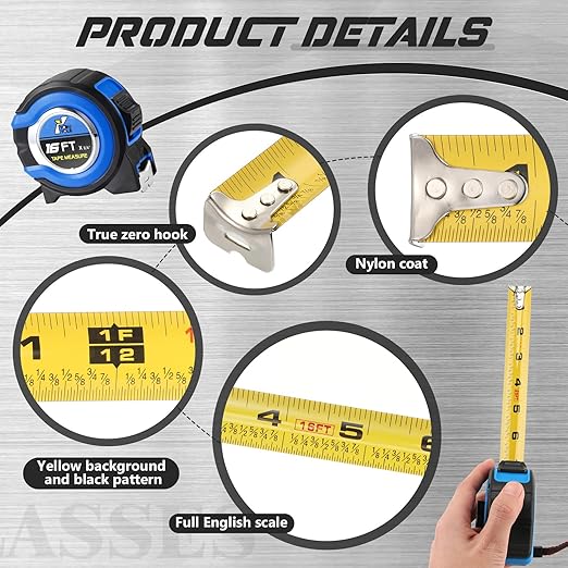 Youyole 10 Pack Tape Measure with Fractions 1/8 Steel Measuring Tape Retractable Easy Read Measurement Ruler Steel Power Blade (16 ft X 3/4 in,Blue)