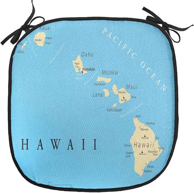 Lunarable Hawaiian Chair Cushion Pads Set of 8, Map of Hawaii Islands Capital Honolulu Borders and Important Cities, Anti-Slip Seat Padding for Kitchen & Patio, 16"x16", Blue Ivory Black