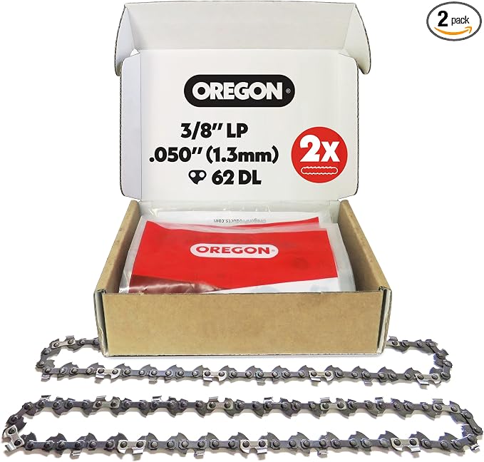 Oregon 2-Pack Chainsaw Chain 3/8" LP Pitch, .050" (1.3 mm) Gauge for 18" (45cm) Bar, 62 Drive Links – Low-kickback Replacement Saw Chain, Fits Husqvarna, Echo, Poulan, Homelite, Craftsman and more
