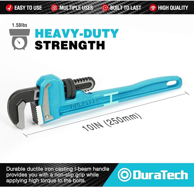 DURATECH 10-Inch Heavy Duty Pipe Wrench, Adjustable Plumbing Wrench | Malleable Cast Iron Handle, Exceed GGG standard