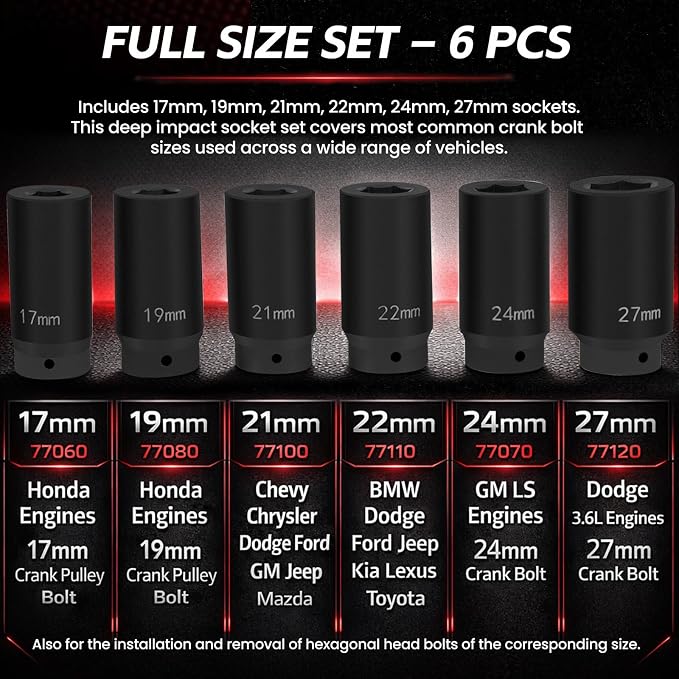 1/2" Drive Weighted Crank Bolt Socket Set, 17MM, 19MM, 21MM, 22MM, 24MM 27MM, Harmonic Balancer Socket Set, Weighted Deep Impact Socket Set, 3 Times Momentum Power of Standard Impact Socket