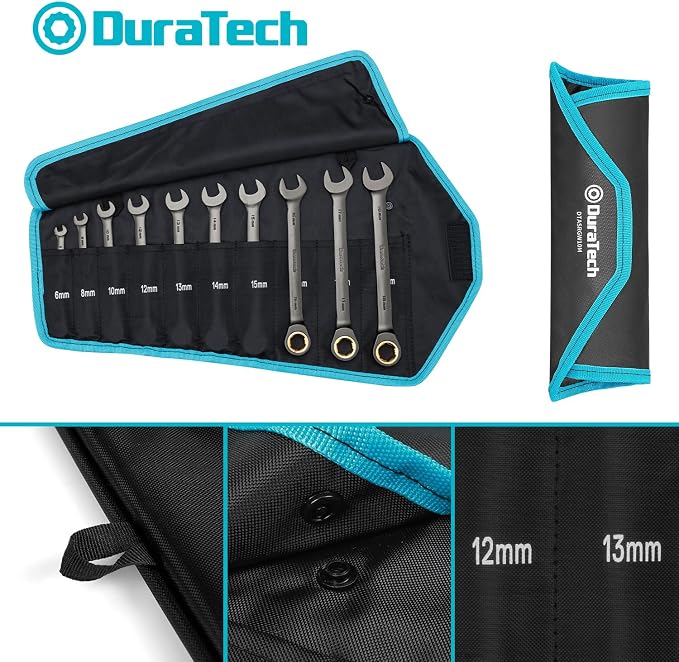DURATECH Anti-Slip Ratcheting Wrench Set, 10-Piece, Metric 6-18mm | Combination Wrench Set, 72-Tooth, Nickel Plating, CR-V Steel, With Pouch