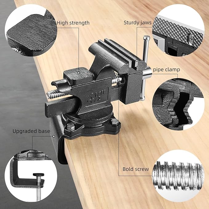Bench Vise, 4-1/2" Table Vise For Workbench,2-in-1 Multi-Purpose Heavy Duty Bench Vice With Multifunctional Soft Jaws, 270° Swivel Base Home Vise for Woodworking,Home Workshop,Welding and DIY
