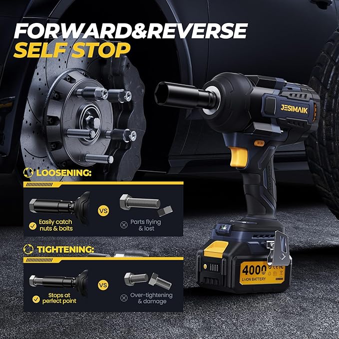JESIMAIK Cordless Impact Wrench, 1475Ft-lbs (2000N.m) 1/2" Brushless High Torque Impact Wrench with 2×4.0Ah Batteries, Impact Gun with 4 Impact Modes & 5 Sockets for Truck RV Car Heavy Construction