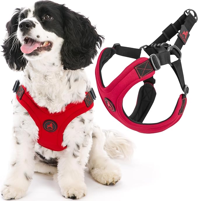 Gooby, Dog Harness, Sporty, Large, Red - Escape Free Sport Harness with Patented Neoprene Technology, 4-Point Adjustment, No Choke, Perfect for Small Dogs No Pull | Patented escape-free frame; Reduces choking; 4-point adjustment; Soft neoprene padding;...