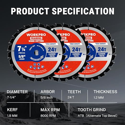 WORKPRO 7-1/4 Inch Woodworking Circular Saw Blades, 24T Framing & Fast Ripping, Thin Kerf, Carbide Tipped, ATB Tooth, 3-Pack
