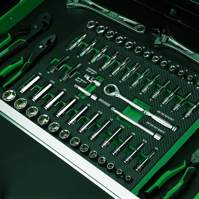 SK 3/8" Drive Socket Set with 90-Tooth Ratchet, SAE & Metric, CR-V Steel | 56-Piece Sockets, SuperKrome Finish, Heat Treated, with EVA Foam Tool Organizer