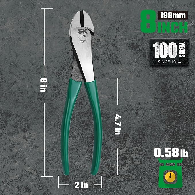 SK Tools USA Heavy Duty Angled Diagonal Cutting Pliers, 8" Long | 15018