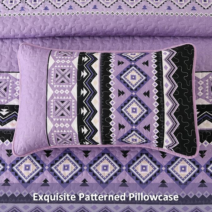 WONGS BEDDING 3 Pieces Quilt Set Queen Size, Purple Quilt Bedspread Lightweight Bohemian Coverlet Set with 2 Pillowcase, Soft Geometry Printed Bedding Set Queen for All Season 96"×90"