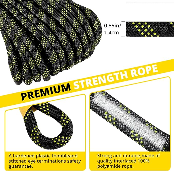 TRSMIMA Rope Harness Safety Lanyard：25ft Roofing Rope Fall Protection | Vertical Safety Harness Rope With Grab Snap Hooks Shock Absorber - Tree Climbing Line Kit Heavy Duty Safety Equipment ANSI CE