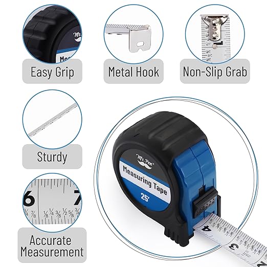 Mr. Pen- Retractable Tape Measure 25 ft, 2 Pack, Dark Blue, Easy Read, Steel Retractable Measuring Tape with Fractions, Ideal for Construction & DIY Projects