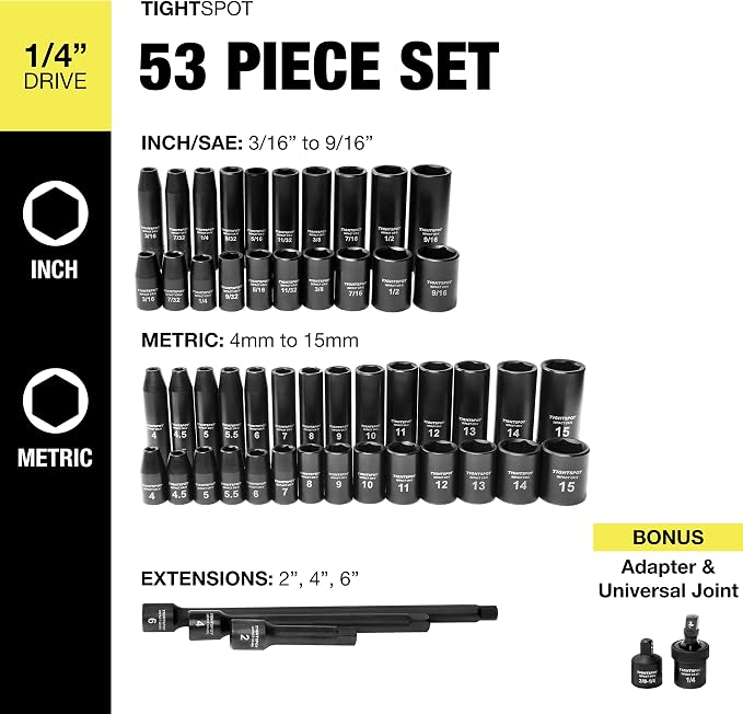 TIGHTSPOT 1/4" Drive 53pc Impact Socket PRO SET, our Most Popular Set Ever with SAE & Metric from 3/16 Inch - 9/16 Inch, 4mm-15mm, Standard/Deep Sockets, Extension Bars, Adapter & More