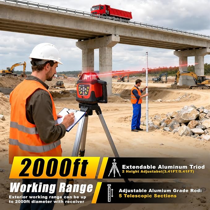 Red Rotary Laser Level 2000ft, 360 Degree Self Leveling Laser Level Kit with Receiver Remote Control and Surveying Tripod 16.4ft Staff, 5 Rotation Speeds& 4 Angles Adjustment,IP66 Waterproof
