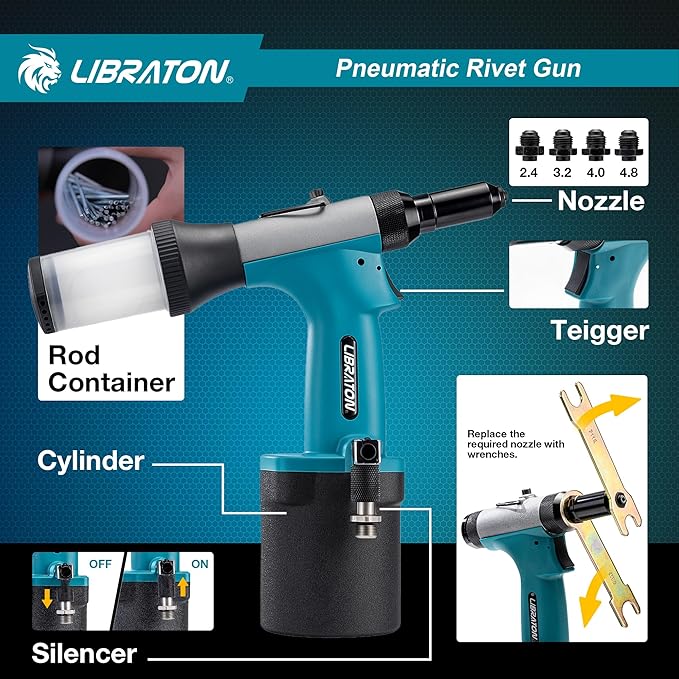 LIBRATON Pneumatic Rivet Gun Kit, Heavy Duty Air Riveter Tool 3/32", 1/8", 5/32", 3/16" with 200 Rivets, Air Hydraulic Pop Rivet Gun for Automotive Repair, Self-Suction Design
