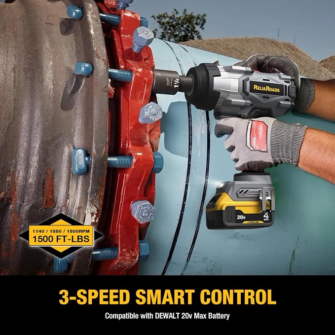 ReliaRoads 1500 Ft-lbs Cordless Impact Wrench, 1/2 Inch Impact Gun Compatible DeWALT 20V MAX Battery, Brushless Constant High Torque Impact Driver with 3 Speed, Tool Only (No Battery Included)