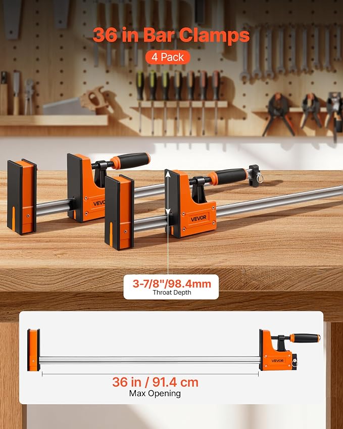 VEVOR Bar Clamps for Woodworking, 4-Pack, 36" Opening F Clamps, 1500 lbs Load Limit, Clamp/Spreader 2 Modes, Soft Rubber Pads, Ergonomic Handle, Carbon Steel Bar, for Wood Working and Metal Working