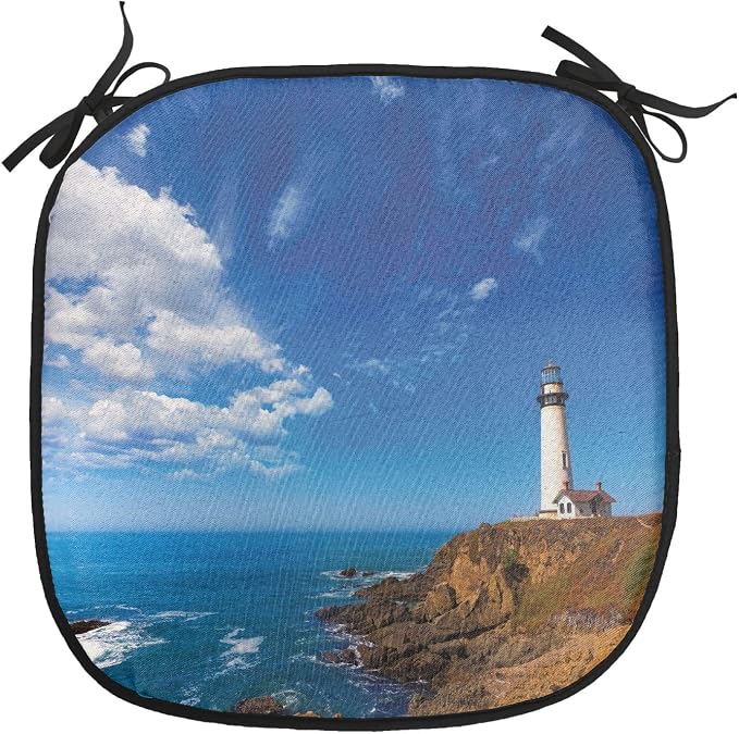 Lunarable Lighthouse Chair Cushion Pad, California City Pigeon Point Lighthouse in Cabrillo Coastal Image Print, Seat Padding for Kitchen & Patio with Anti-Slip Backing, 16"x16", Blue White Brown