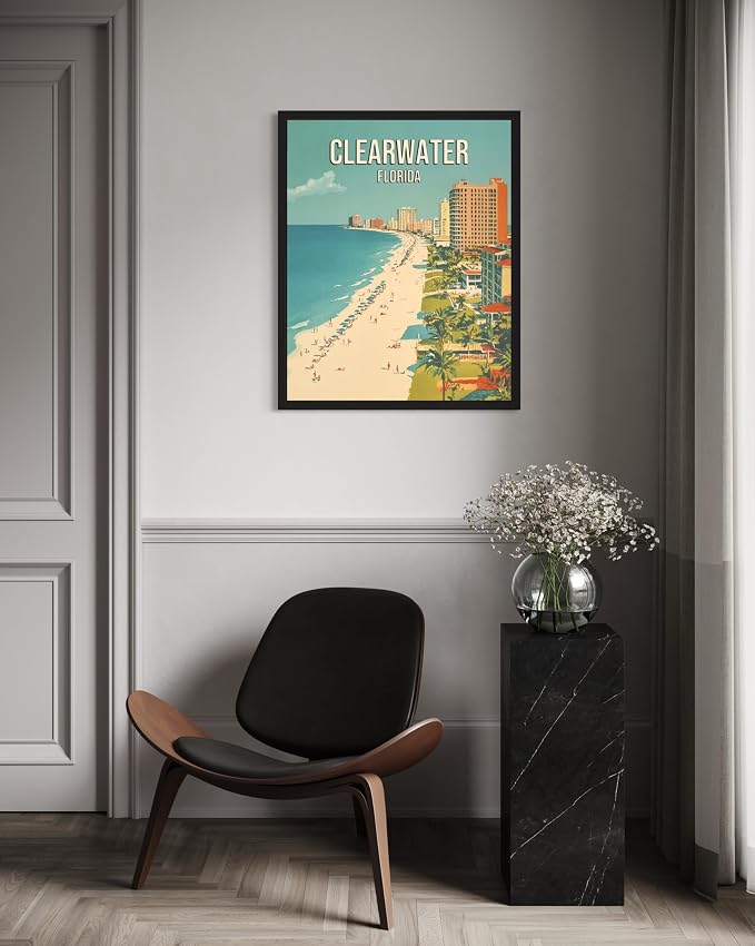 Clearwater Beach Florida Black Framed Wall Art Print Poster, US Vintage Retro Beach Scenery Posters Prints for Restroom Home Picture Painting Artwork Gallery 219 (Clearwater Beach Florida, 16 x 20 inches, Black Frame)