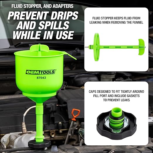 OEMTOOLS 87043 No-Spill Professional Quality Coolant Funnel Kit, Easily Fill Antifreeze Coolant Set Includes 5 Adapters, Extensions, and Automotive Funnel, Air Venting, Drip-Free, Green